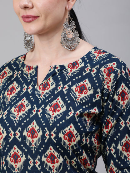 Women Blue Ethnic Printed Straight Kurta With Three Quarter Sleeves | LASVINI - Redefining Indian Fashion with Elegance