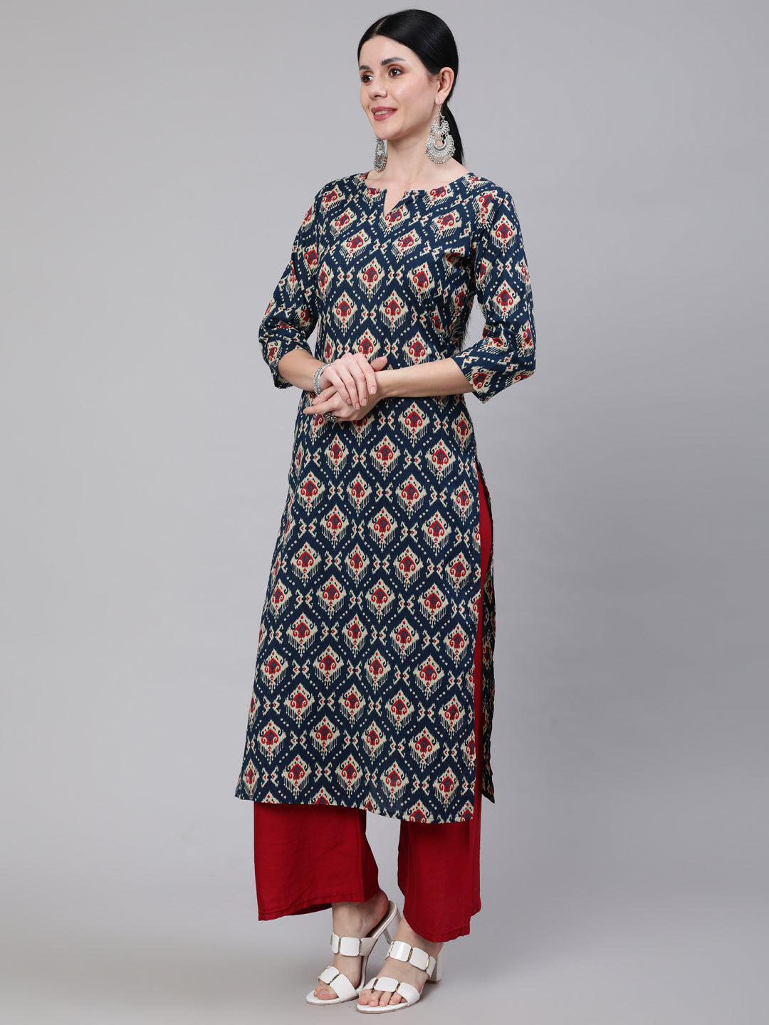 Women Blue Ethnic Printed Straight Kurta With Three Quarter Sleeves | LASVINI - Redefining Indian Fashion with Elegance