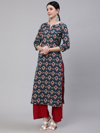 Women Blue Ethnic Printed Straight Kurta With Three Quarter Sleeves | LASVINI - Redefining Indian Fashion with Elegance