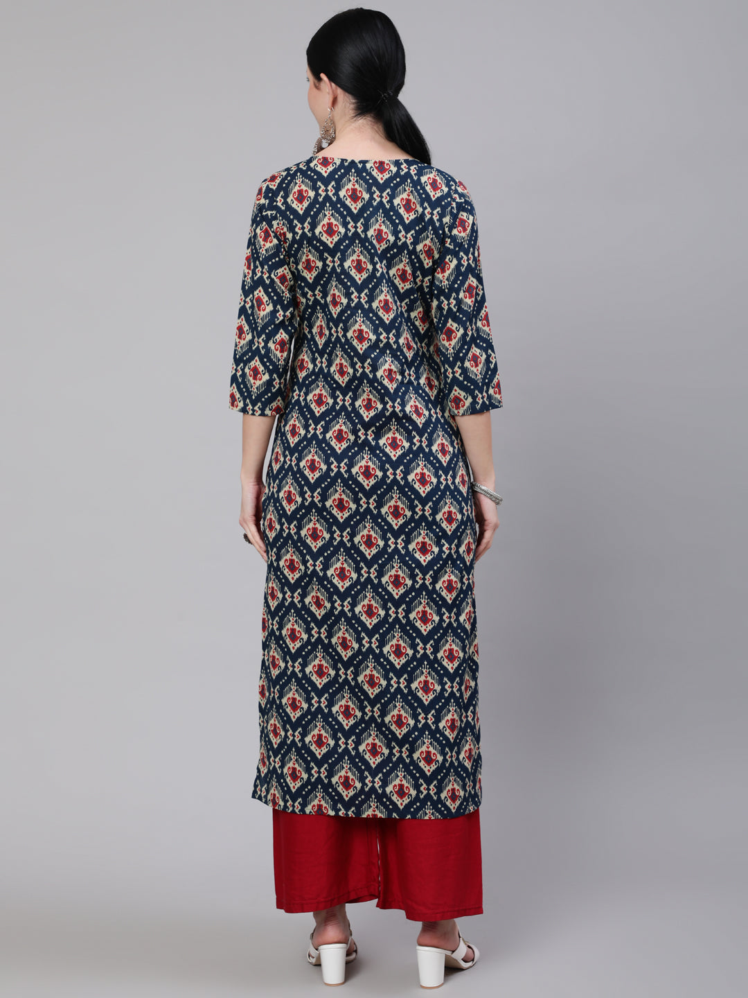 Women Blue Ethnic Printed Straight Kurta With Three Quarter Sleeves | LASVINI - Redefining Indian Fashion with Elegance