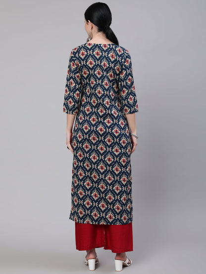 Women Blue Ethnic Printed Straight Kurta With Three Quarter Sleeves | LASVINI - Redefining Indian Fashion with Elegance