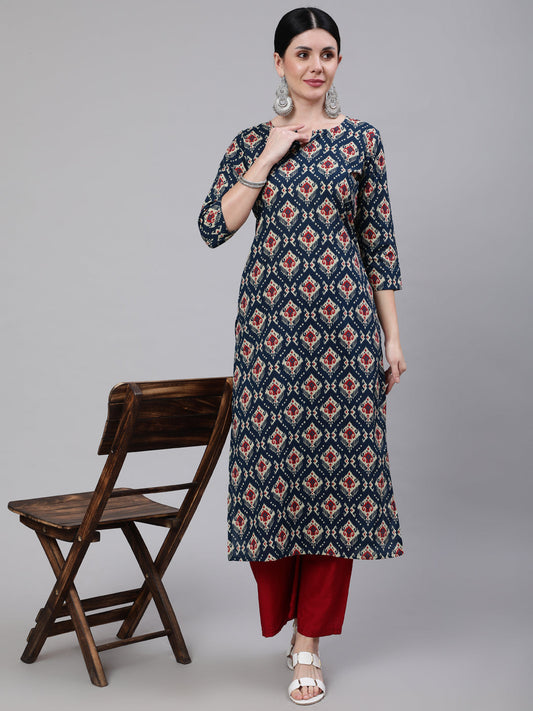 Women Blue Ethnic Printed Straight Kurta With Three Quarter Sleeves | LASVINI - Redefining Indian Fashion with Elegance