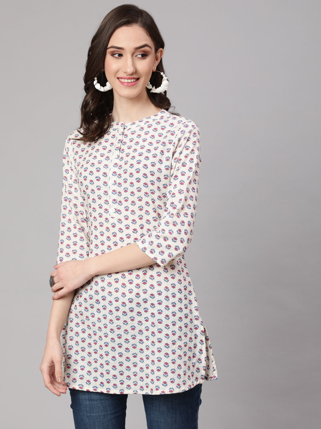 Women Off White Printed Straight Tunic With Three Quarter Sleeves | LASVINI - Redefining Indian Fashion with Elegance