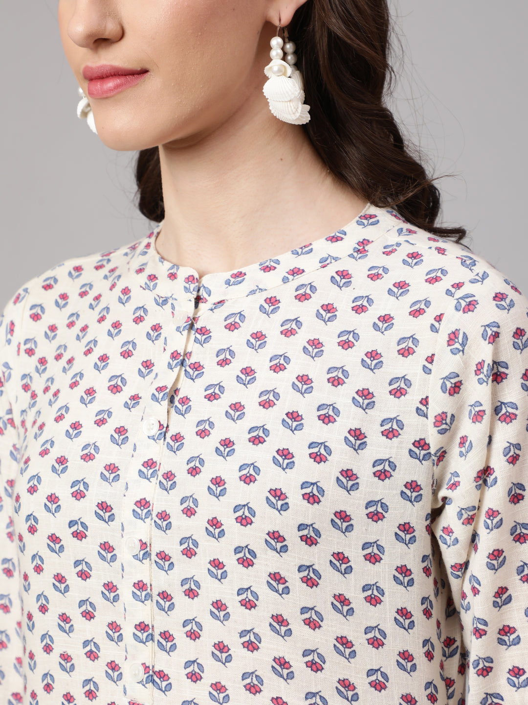 Women Off White Printed Straight Tunic With Three Quarter Sleeves | LASVINI - Redefining Indian Fashion with Elegance