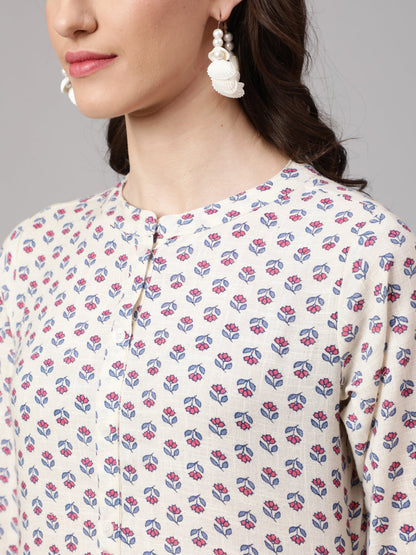 Women Off White Printed Straight Tunic With Three Quarter Sleeves | LASVINI - Redefining Indian Fashion with Elegance