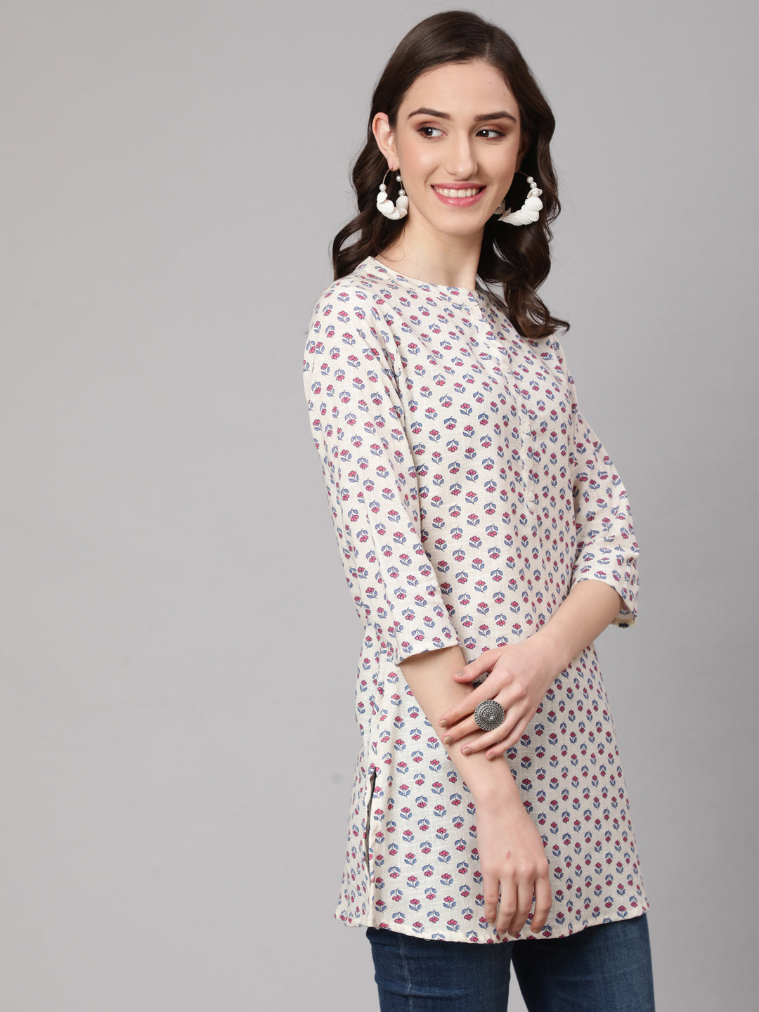 Women Off White Printed Straight Tunic With Three Quarter Sleeves | LASVINI - Redefining Indian Fashion with Elegance