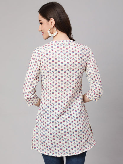 Women Off White Printed Straight Tunic With Three Quarter Sleeves | LASVINI - Redefining Indian Fashion with Elegance