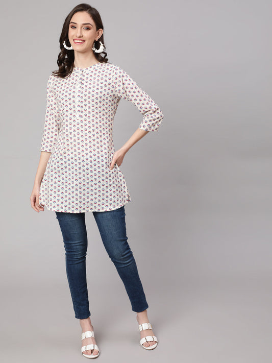 Women Off White Printed Straight Tunic With Three Quarter Sleeves | LASVINI - Redefining Indian Fashion with Elegance