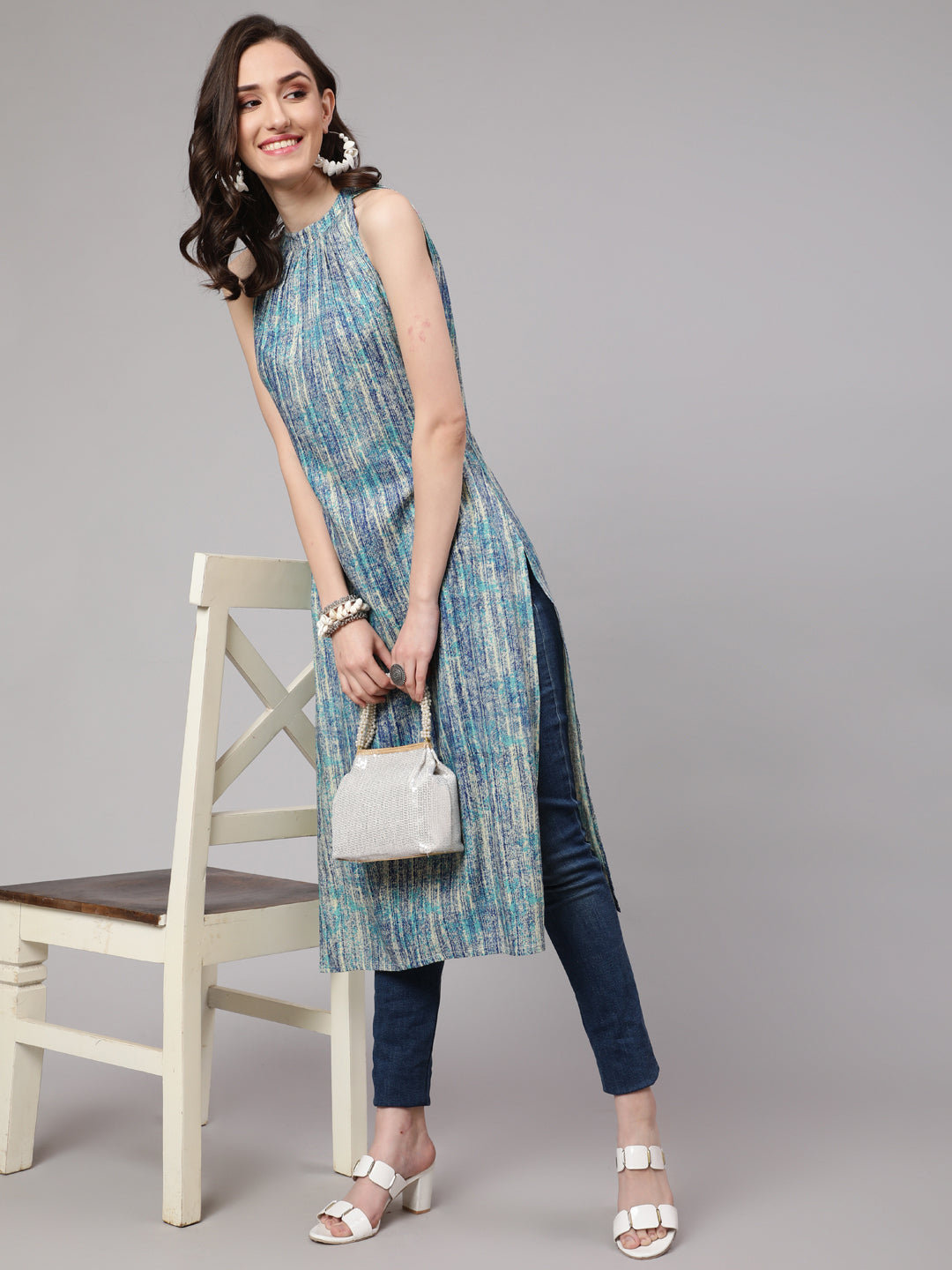 Women Blue Printed Straight Kurta With Halter Neck | LASVINI - Redefining Indian Fashion with Elegance