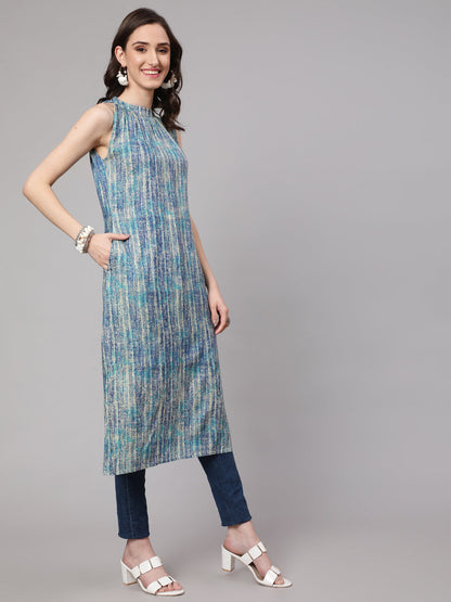 Women Blue Printed Straight Kurta With Halter Neck | LASVINI - Redefining Indian Fashion with Elegance