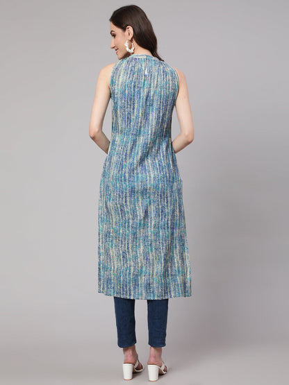 Women Blue Printed Straight Kurta With Halter Neck | LASVINI - Redefining Indian Fashion with Elegance
