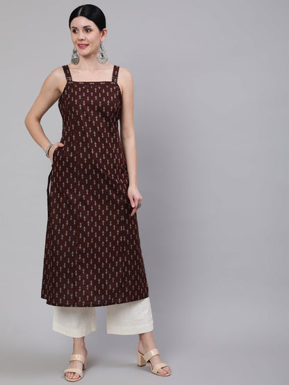 Women Brown Ikat Printed Straight Kurta With Shoulder Straps | LASVINI - Redefining Indian Fashion with Elegance