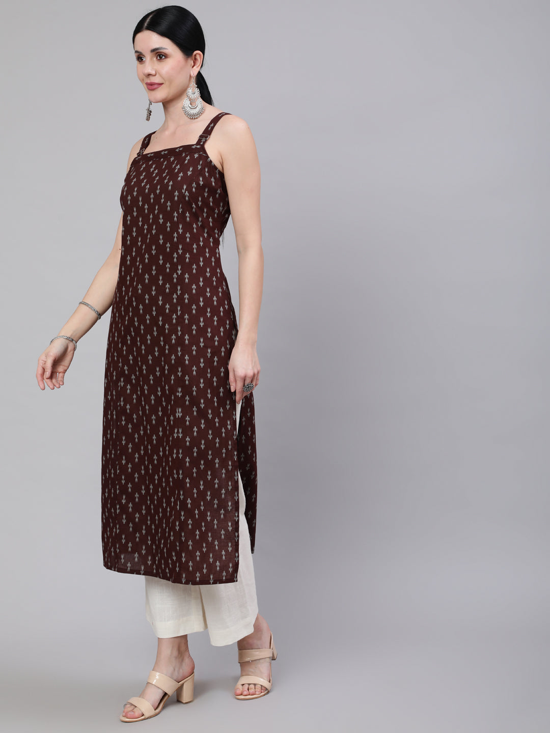 Women Brown Ikat Printed Straight Kurta With Shoulder Straps | LASVINI - Redefining Indian Fashion with Elegance