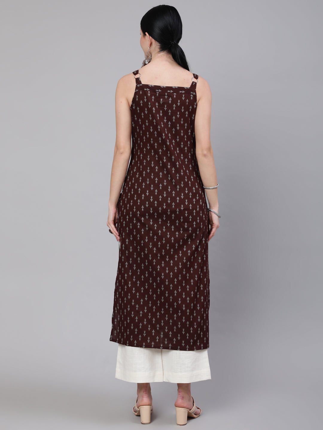 Women Brown Ikat Printed Straight Kurta With Shoulder Straps | LASVINI - Redefining Indian Fashion with Elegance