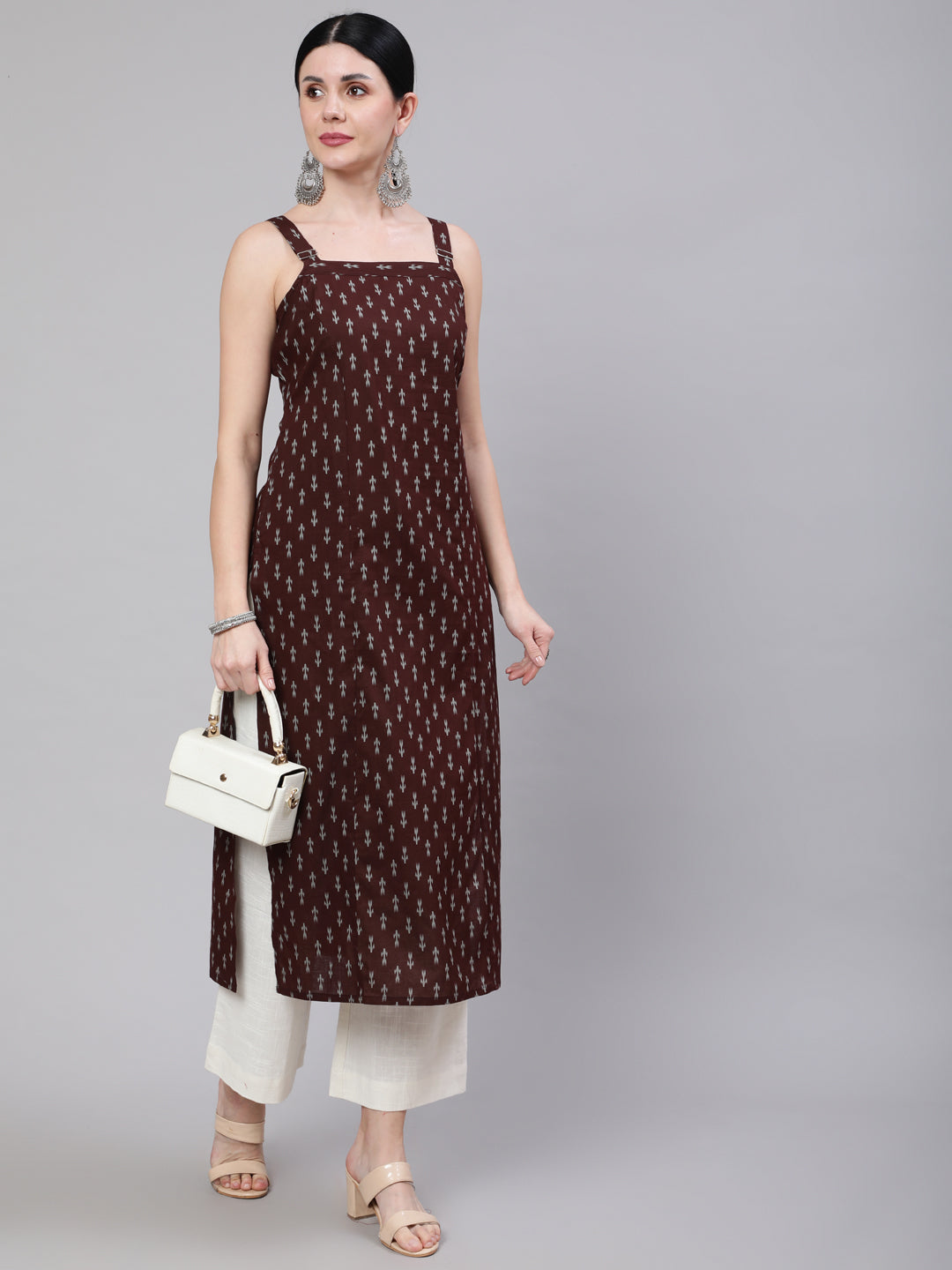 Women Brown Ikat Printed Straight Kurta With Shoulder Straps | LASVINI - Redefining Indian Fashion with Elegance