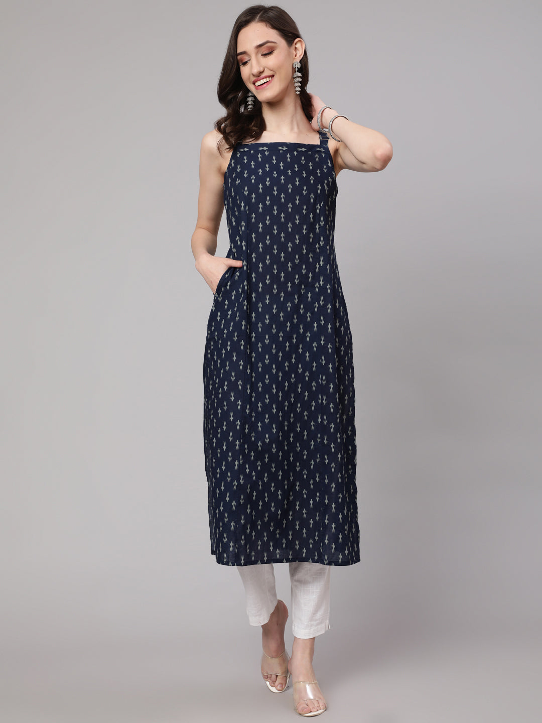 Women Blue Ikat Printed Straight Kurta With Shoulder Straps | LASVINI - Redefining Indian Fashion with Elegance