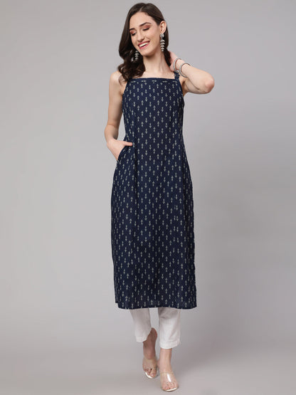Women Blue Ikat Printed Straight Kurta With Shoulder Straps | LASVINI - Redefining Indian Fashion with Elegance