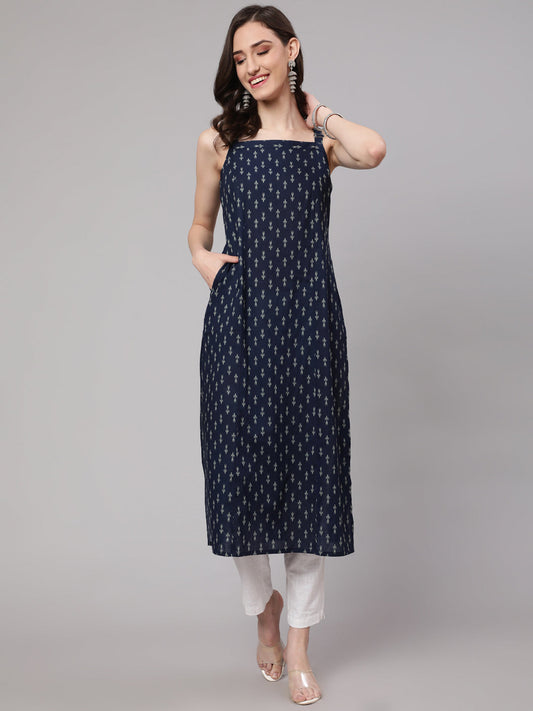 Women Blue Ikat Printed Straight Kurta With Shoulder Straps | LASVINI - Redefining Indian Fashion with Elegance