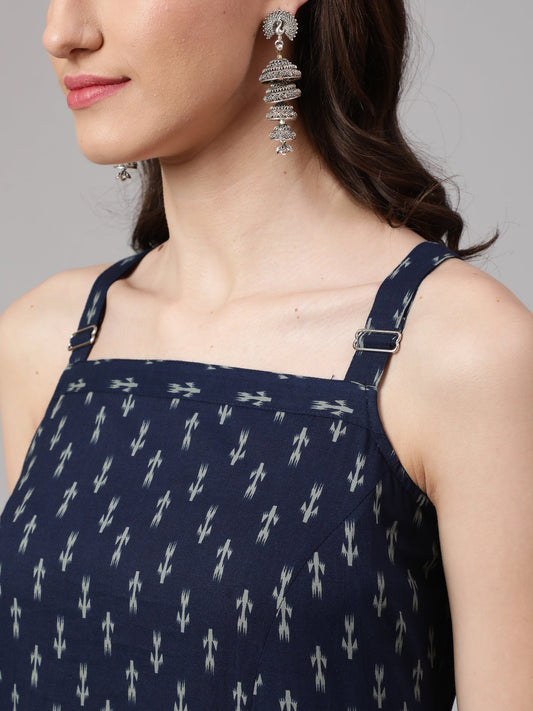 Women Blue Ikat Printed Straight Kurta With Shoulder Straps | LASVINI - Redefining Indian Fashion with Elegance