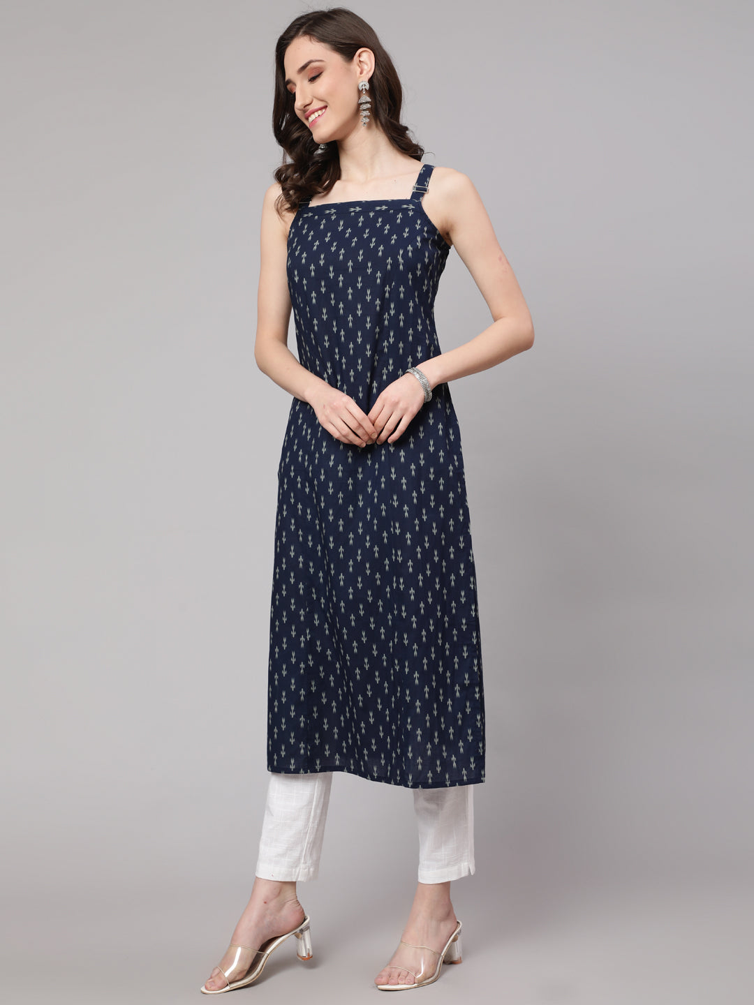 Women Blue Ikat Printed Straight Kurta With Shoulder Straps | LASVINI - Redefining Indian Fashion with Elegance