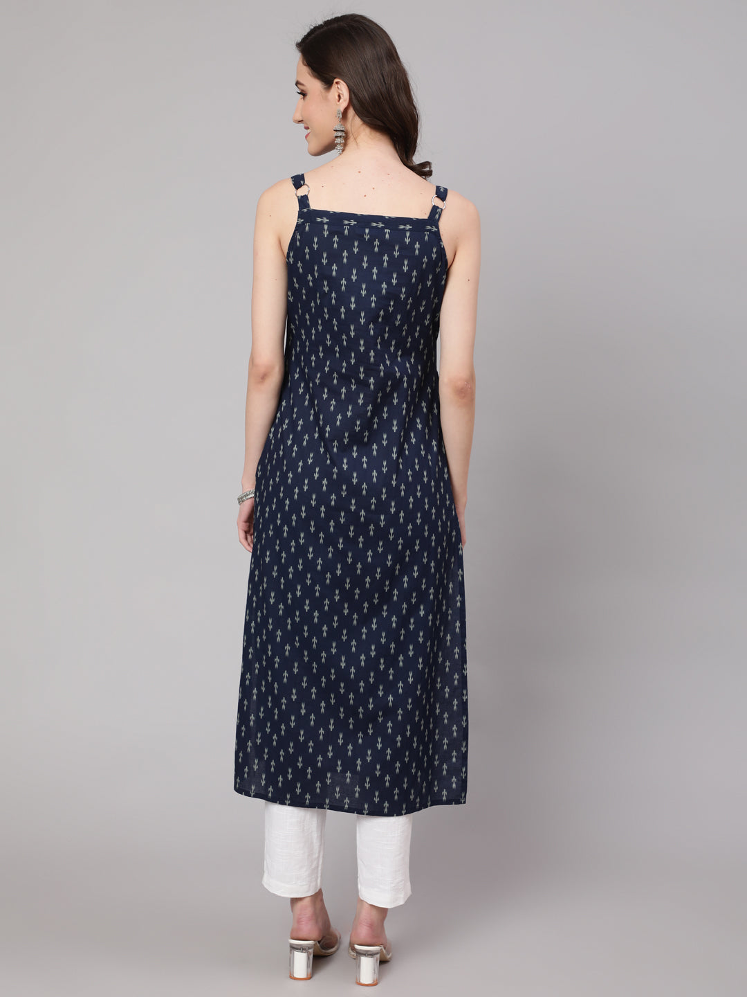 Women Blue Ikat Printed Straight Kurta With Shoulder Straps | LASVINI - Redefining Indian Fashion with Elegance