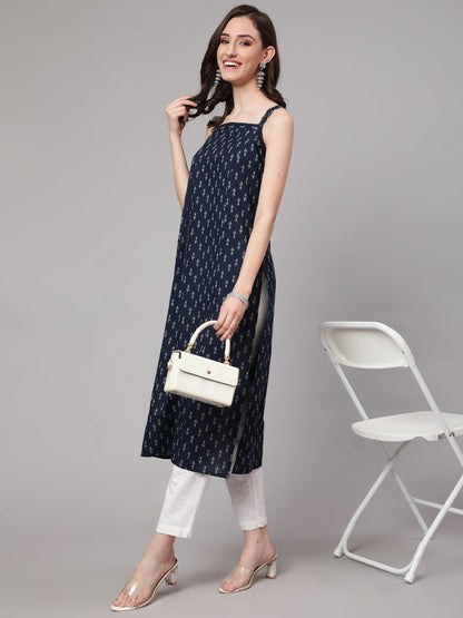 Women Blue Ikat Printed Straight Kurta With Shoulder Straps | LASVINI - Redefining Indian Fashion with Elegance