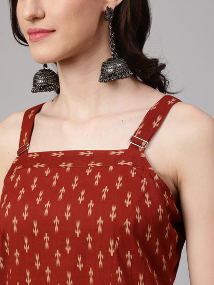 Women Rust Ikat Printed Straight Kurta With Shoulder Straps | LASVINI - Redefining Indian Fashion with Elegance