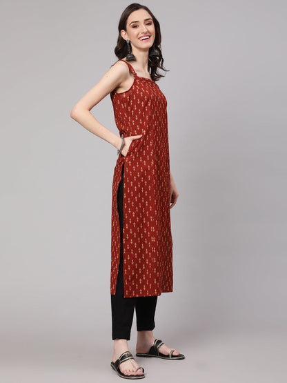 Women Rust Ikat Printed Straight Kurta With Shoulder Straps | LASVINI - Redefining Indian Fashion with Elegance