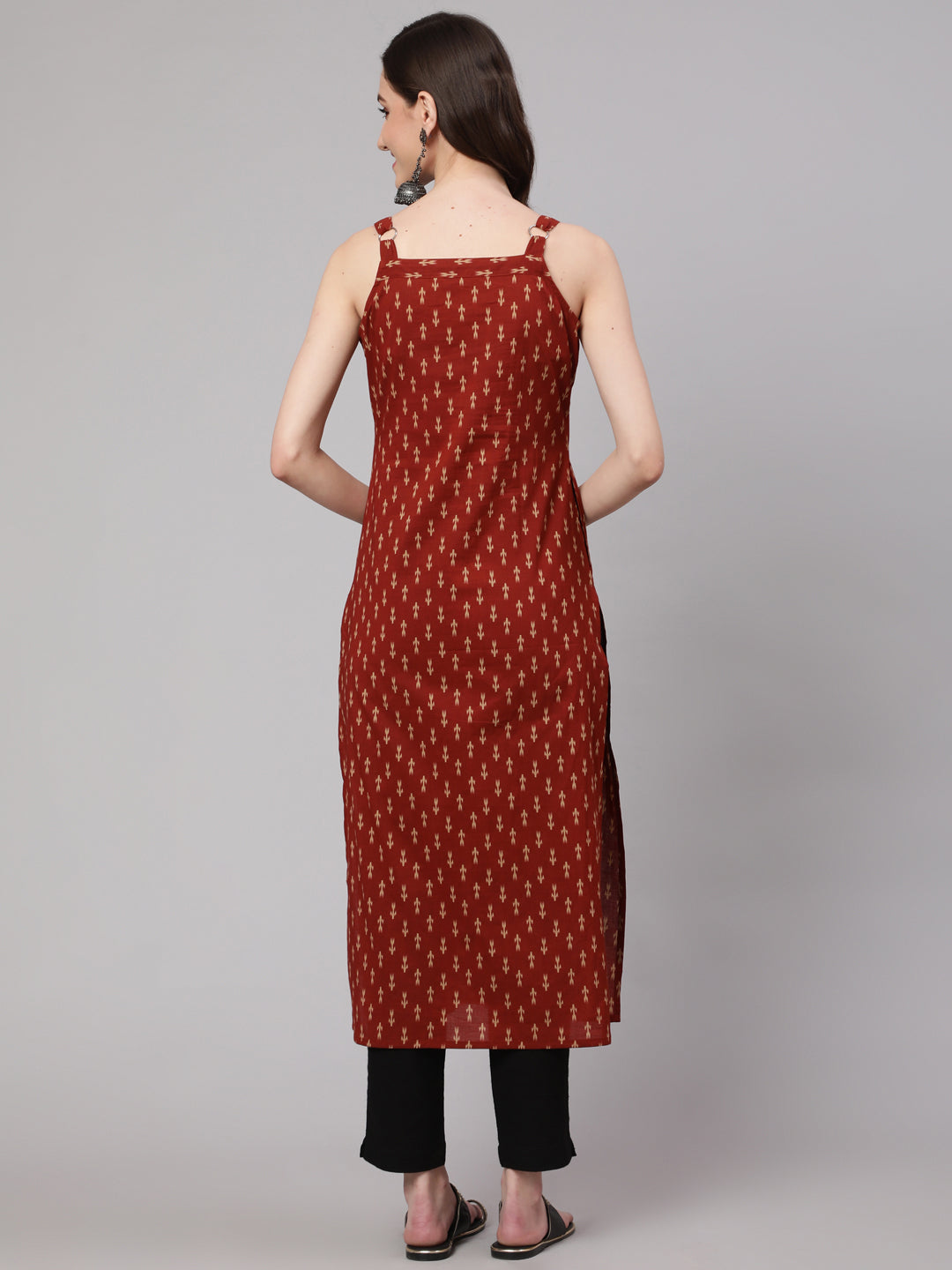 Women Rust Ikat Printed Straight Kurta With Shoulder Straps | LASVINI - Redefining Indian Fashion with Elegance