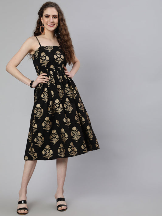 Women Black Ethnic Printed Shoulder Strap Dress | LASVINI - Redefining Indian Fashion with Elegance