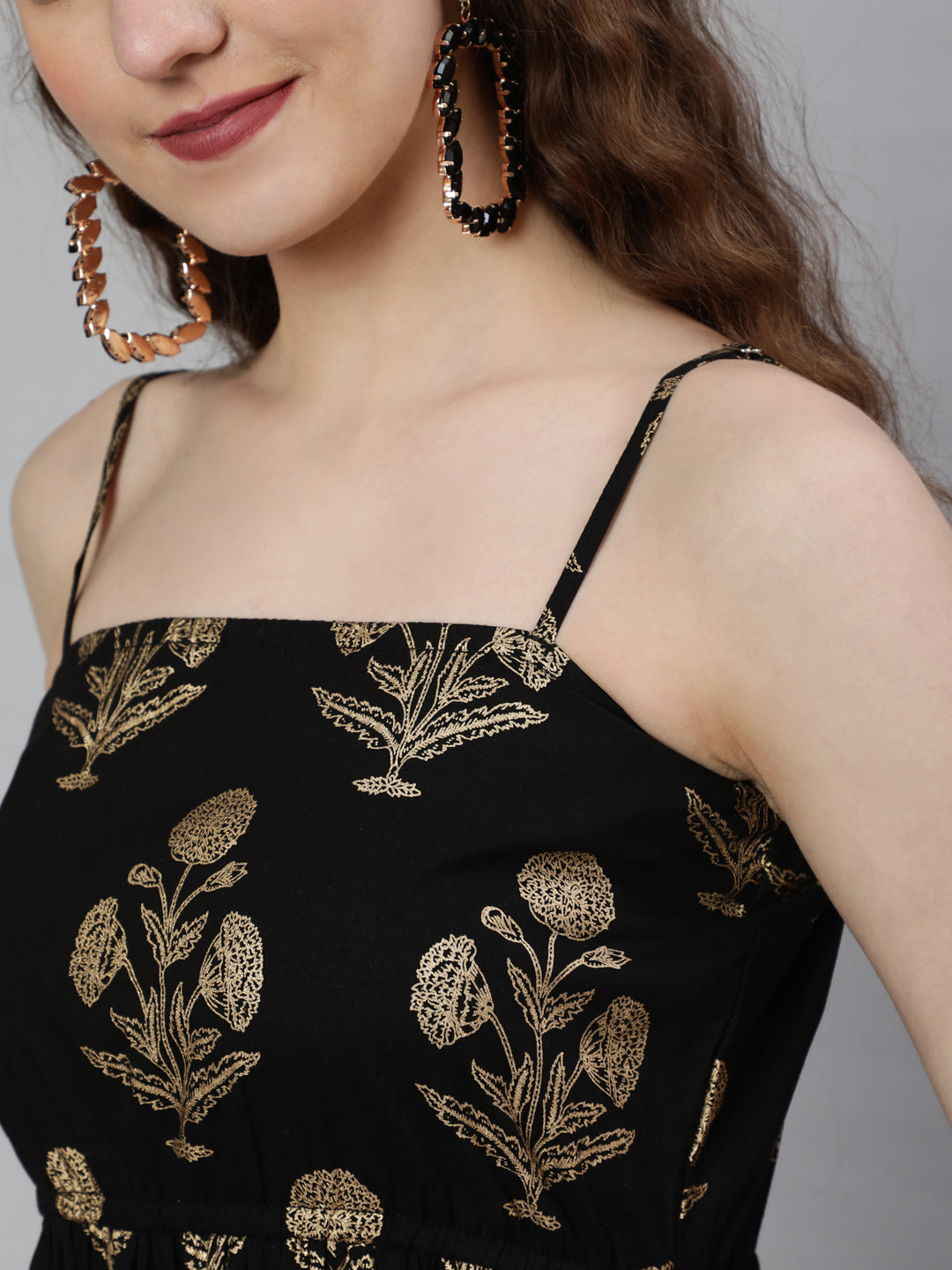 Women Black Ethnic Printed Shoulder Strap Dress | LASVINI - Redefining Indian Fashion with Elegance