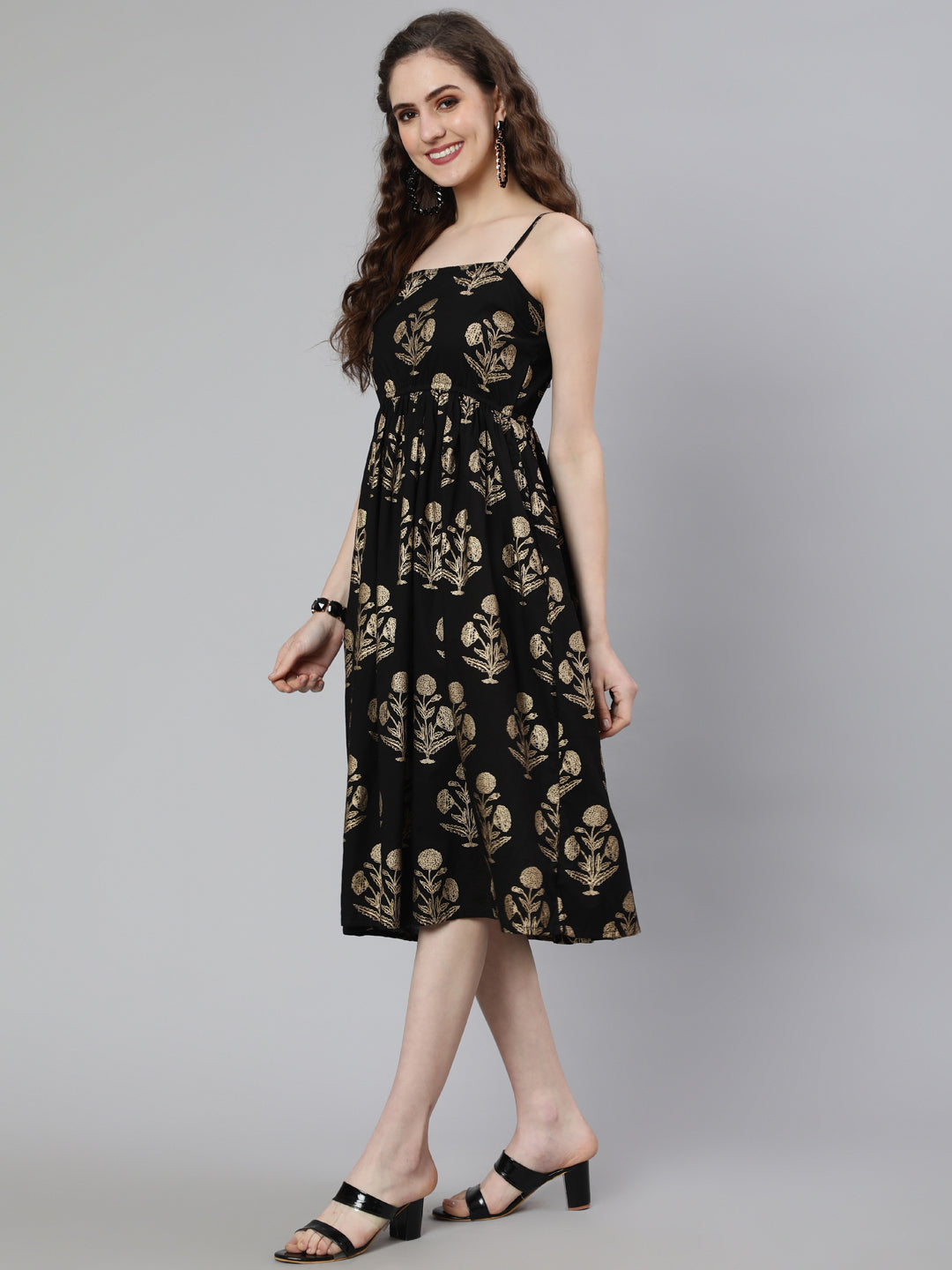Women Black Ethnic Printed Shoulder Strap Dress | LASVINI - Redefining Indian Fashion with Elegance