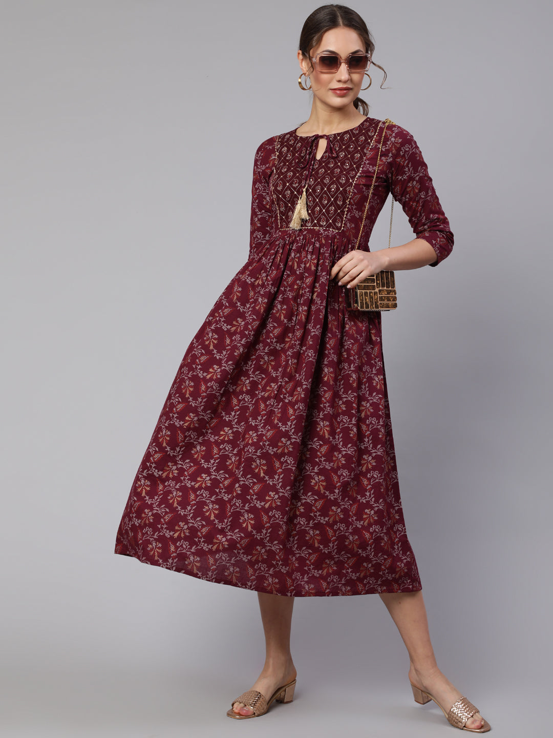 Wome Burgundy Printed Flared Dress With Three Quarter Sleeves | LASVINI - Redefining Indian Fashion with Elegance