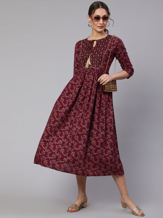 Wome Burgundy Printed Flared Dress With Three Quarter Sleeves | LASVINI - Redefining Indian Fashion with Elegance
