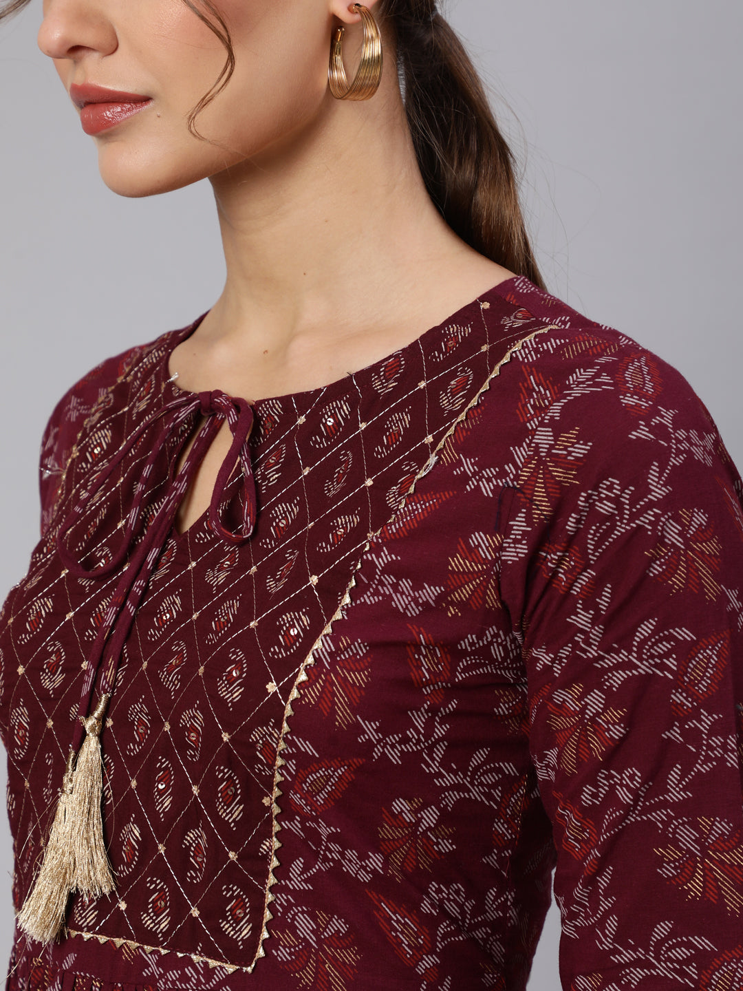 Wome Burgundy Printed Flared Dress With Three Quarter Sleeves | LASVINI - Redefining Indian Fashion with Elegance