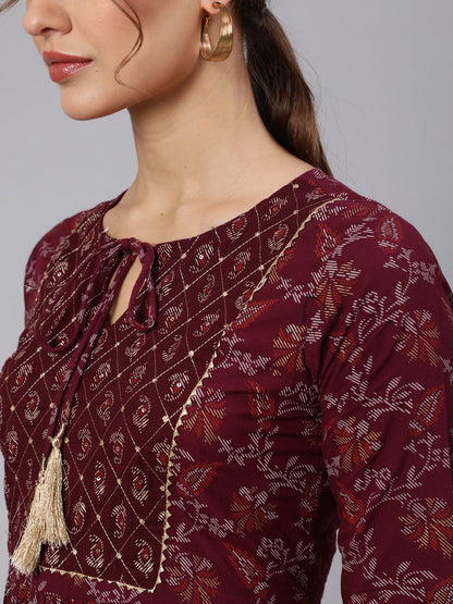 Wome Burgundy Printed Flared Dress With Three Quarter Sleeves | LASVINI - Redefining Indian Fashion with Elegance