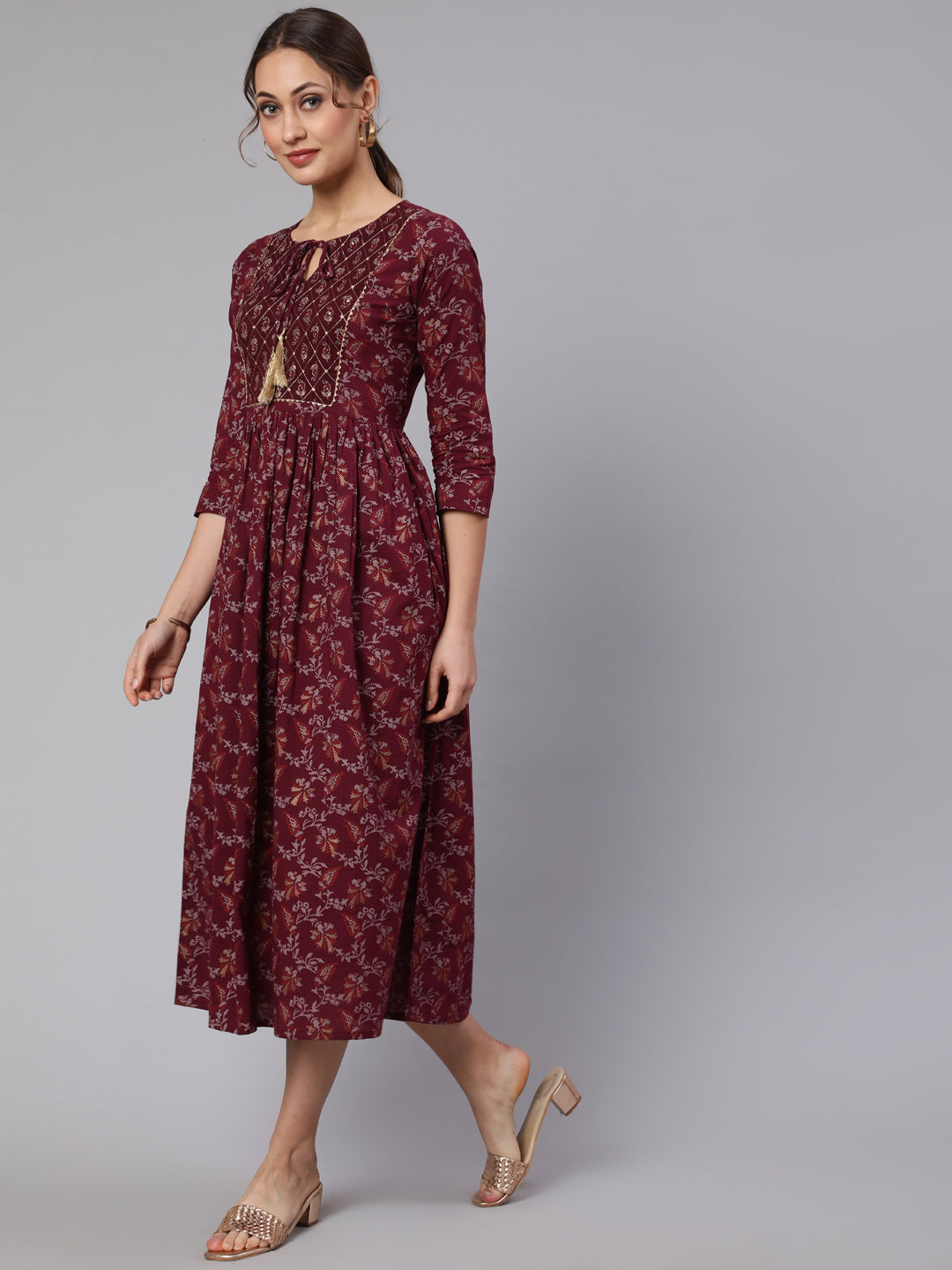 Wome Burgundy Printed Flared Dress With Three Quarter Sleeves | LASVINI - Redefining Indian Fashion with Elegance