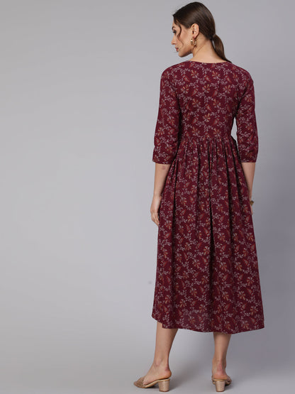 Wome Burgundy Printed Flared Dress With Three Quarter Sleeves | LASVINI - Redefining Indian Fashion with Elegance