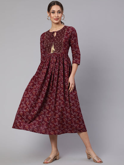 Wome Burgundy Printed Flared Dress With Three Quarter Sleeves | LASVINI - Redefining Indian Fashion with Elegance