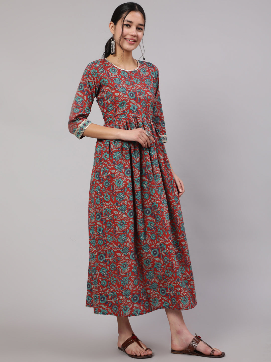 Women Multi Printed Flared Dress With Three Quarter Sleeves | LASVINI - Redefining Indian Fashion with Elegance