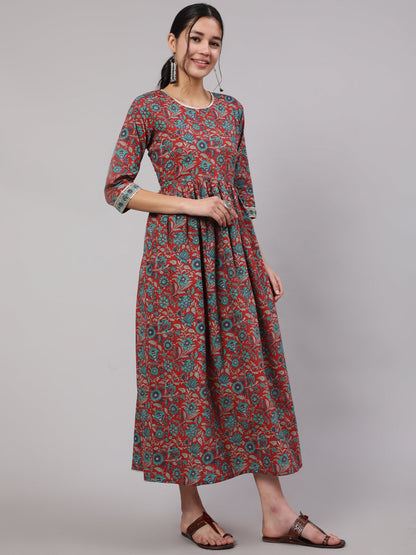 Women Multi Printed Flared Dress With Three Quarter Sleeves | LASVINI - Redefining Indian Fashion with Elegance