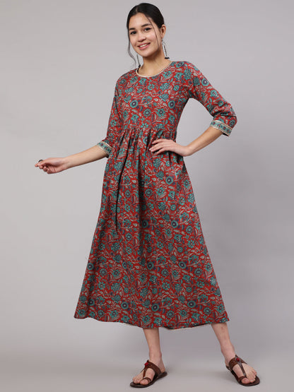 Women Multi Printed Flared Dress With Three Quarter Sleeves | LASVINI - Redefining Indian Fashion with Elegance