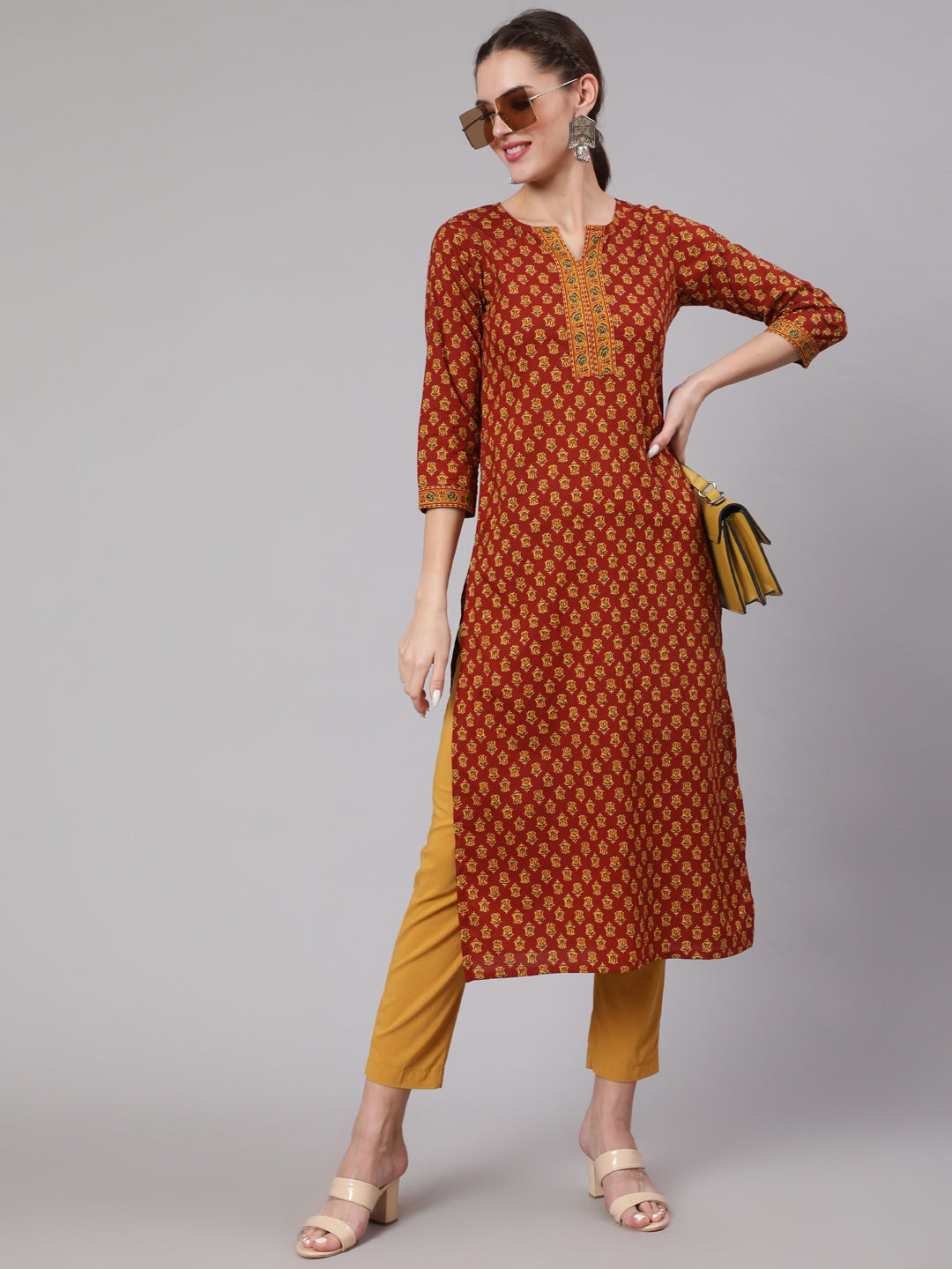 Women Maroon Ethnic Printed Straight Kurta With Three Quarter Sleeves | LASVINI - Redefining Indian Fashion with Elegance