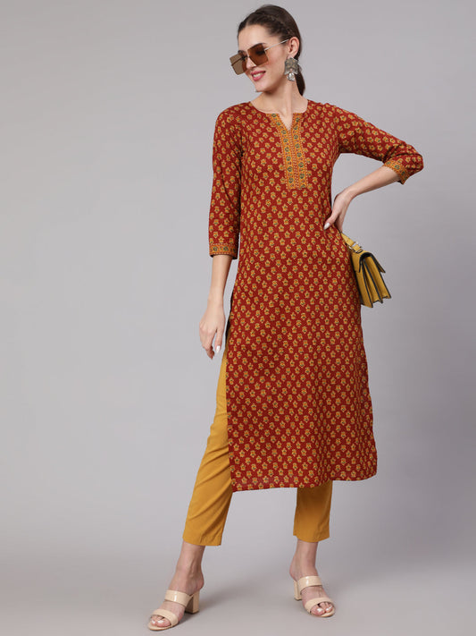 Women Maroon Ethnic Printed Straight Kurta With Three Quarter Sleeves | LASVINI - Redefining Indian Fashion with Elegance