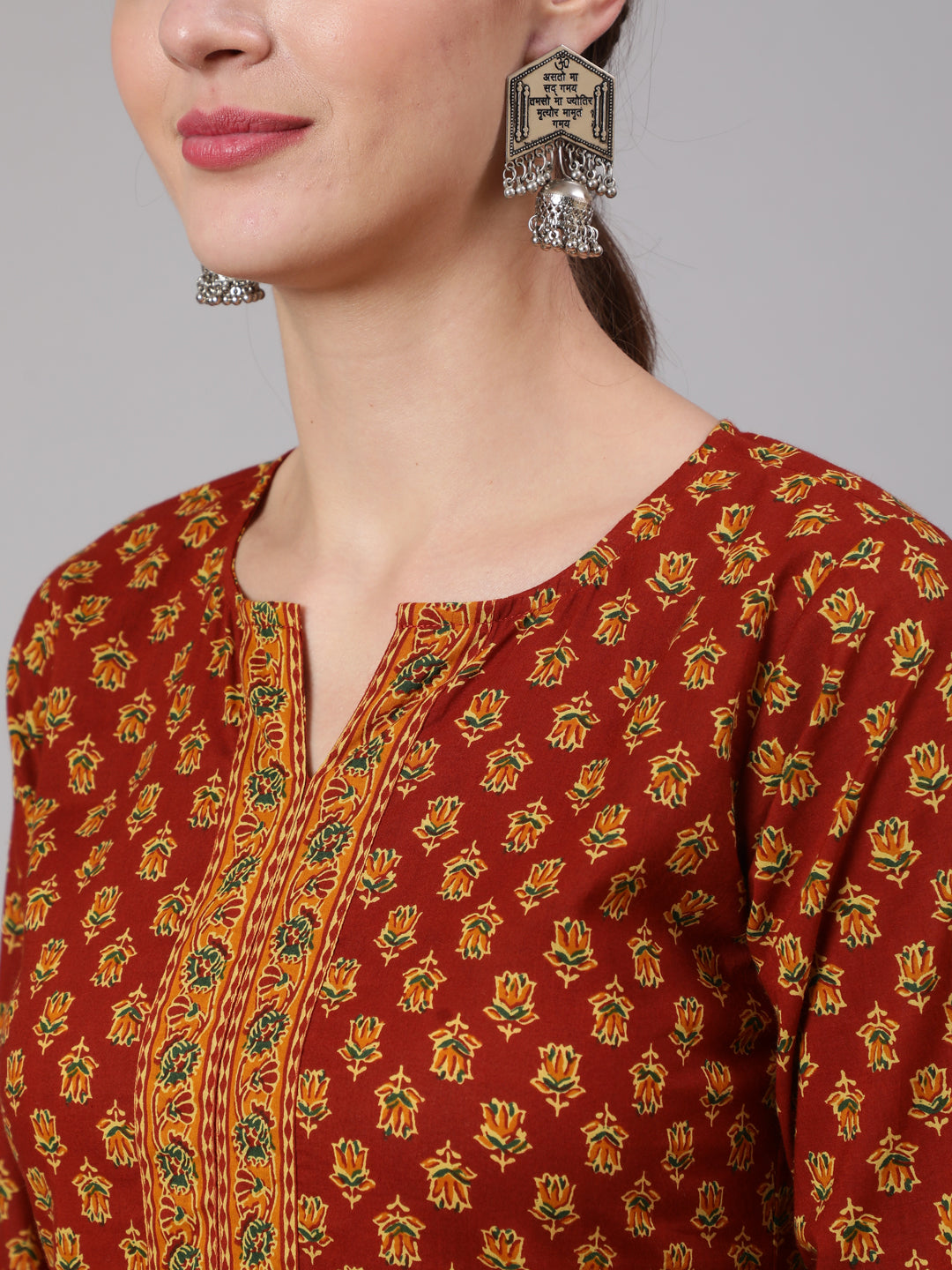 Women Maroon Ethnic Printed Straight Kurta With Three Quarter Sleeves | LASVINI - Redefining Indian Fashion with Elegance