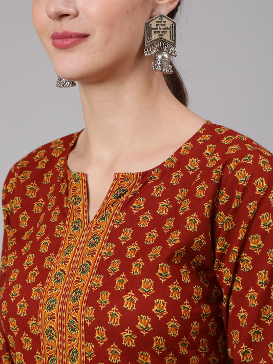 Women Maroon Ethnic Printed Straight Kurta With Three Quarter Sleeves | LASVINI - Redefining Indian Fashion with Elegance