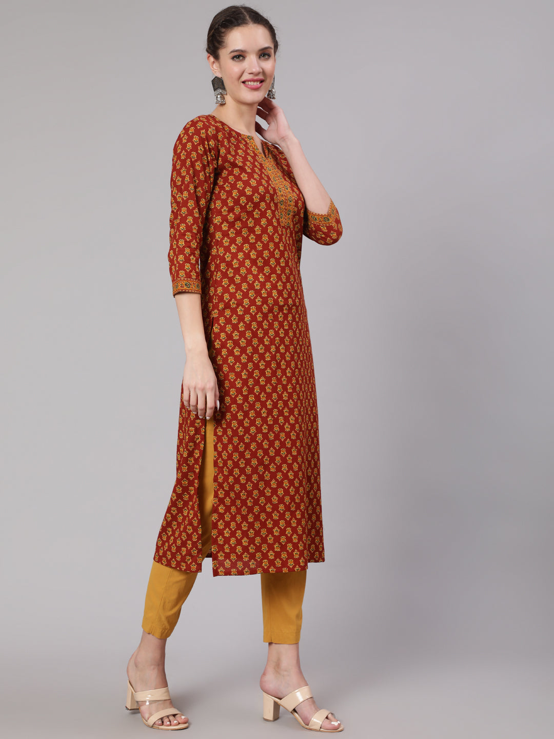 Women Maroon Ethnic Printed Straight Kurta With Three Quarter Sleeves | LASVINI - Redefining Indian Fashion with Elegance