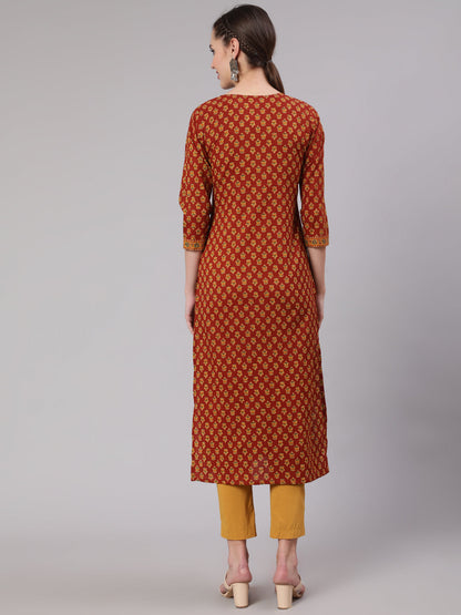 Women Maroon Ethnic Printed Straight Kurta With Three Quarter Sleeves | LASVINI - Redefining Indian Fashion with Elegance