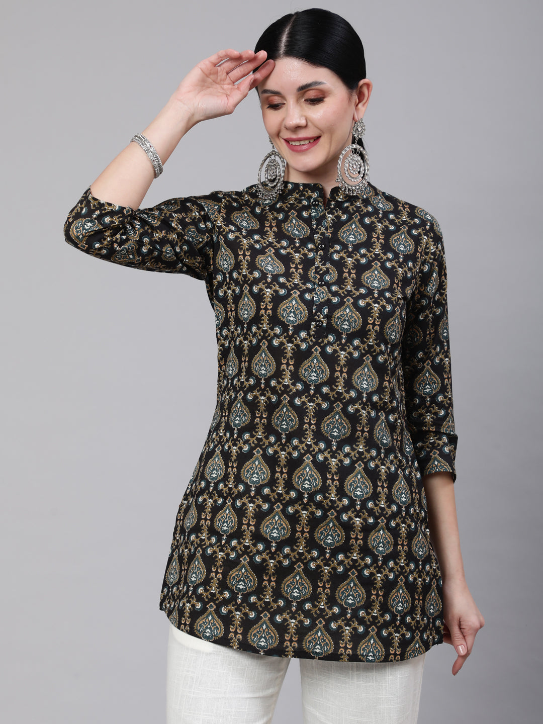 Women Black Ethnic Printed Straight Tunic With Three Quarter Sleeves | LASVINI - Redefining Indian Fashion with Elegance