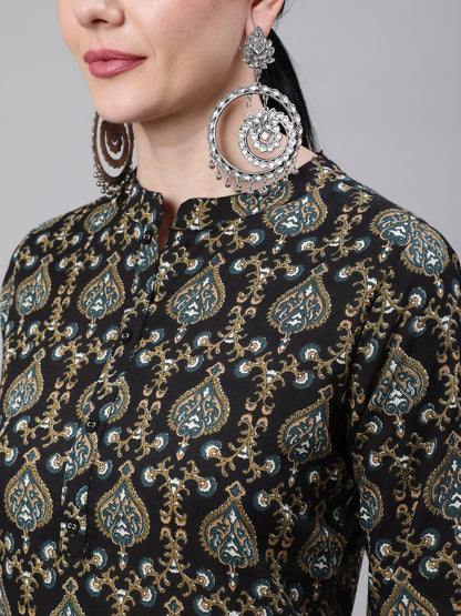 Women Black Ethnic Printed Straight Tunic With Three Quarter Sleeves | LASVINI - Redefining Indian Fashion with Elegance